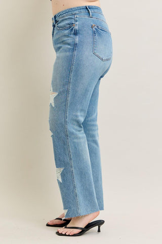 Judy Blue High Waist Rigid Magic Star Shaped Destroy 90's Straight Denim Jeans 88915