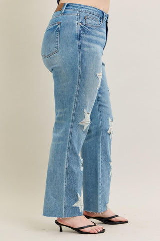 Judy Blue High Waist Rigid Magic Star Shaped Destroy 90's Straight Denim Jeans 88915