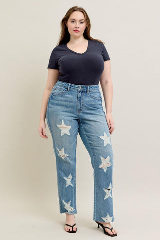 Judy Blue High Waist Rigid Magic Star Shaped Destroy 90's Straight Denim Jeans 88915