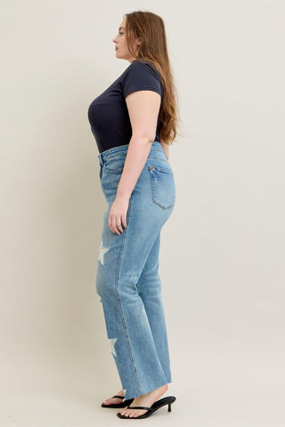 Judy Blue High Waist Rigid Magic Star Shaped Destroy 90's Straight Denim Jeans 88915