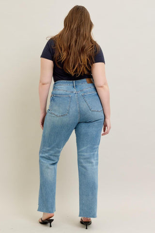 Judy Blue High Waist Rigid Magic Star Shaped Destroy 90's Straight Denim Jeans 88915