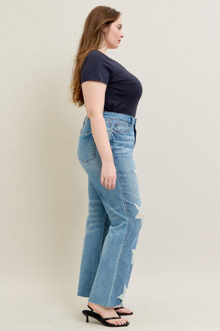 Judy Blue High Waist Rigid Magic Star Shaped Destroy 90's Straight Denim Jeans 88915