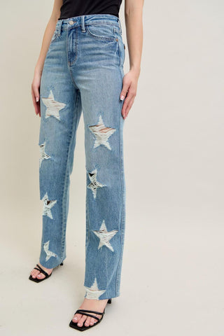 Judy Blue High Waist Rigid Magic Star Shaped Destroy 90's Straight Denim Jeans 88915