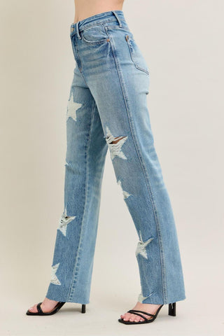 Judy Blue High Waist Rigid Magic Star Shaped Destroy 90's Straight Denim Jeans 88915
