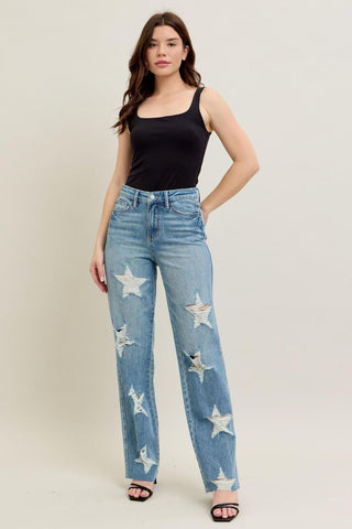Judy Blue High Waist Rigid Magic Star Shaped Destroy 90's Straight Denim Jeans 88915