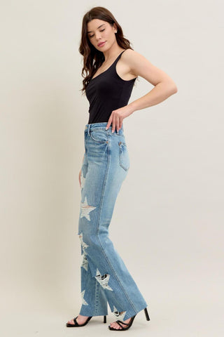 Judy Blue High Waist Rigid Magic Star Shaped Destroy 90's Straight Denim Jeans 88915