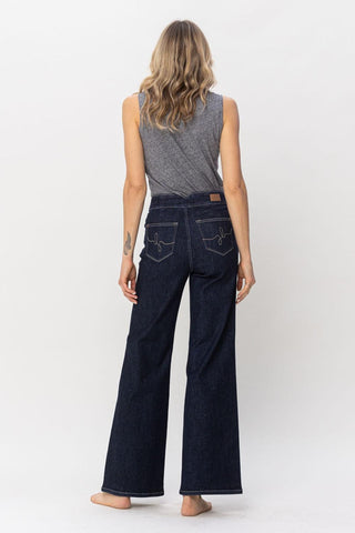 Judy Blue High Waist Rinse Wash Geometric Waistband and Pocket Embroidery Wide Leg Denim Jeans 88579