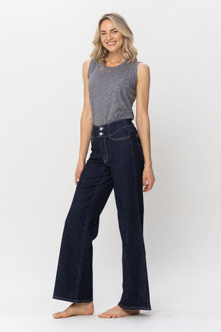 Judy Blue High Waist Rinse Wash Geometric Waistband and Pocket Embroidery Wide Leg Denim Jeans 88579