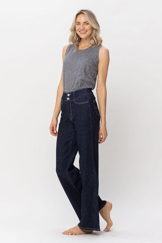 Judy Blue High Waist Rinse Wash Geometric Waistband and Pocket Embroidery Wide Leg Denim Jeans 88579