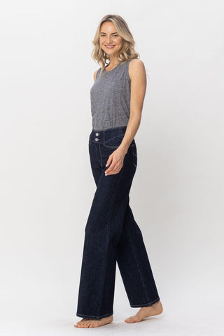 Judy Blue High Waist Rinse Wash Geometric Waistband and Pocket Embroidery Wide Leg Denim Jeans 88579