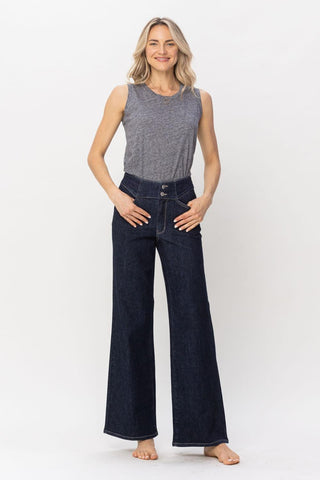 Judy Blue High Waist Rinse Wash Geometric Waistband and Pocket Embroidery Wide Leg Denim Jeans 88579