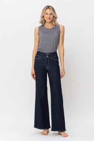 Judy Blue High Waist Rinse Wash Geometric Waistband and Pocket Embroidery Wide Leg Denim Jeans 88579