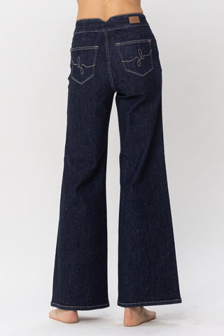 Judy Blue High Waist Rinse Wash Geometric Waistband and Pocket Embroidery Wide Leg Denim Jeans 88579