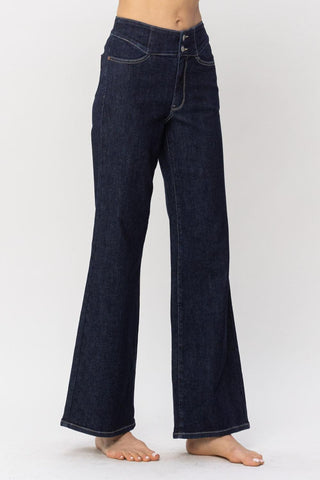 Judy Blue High Waist Rinse Wash Geometric Waistband and Pocket Embroidery Wide Leg Denim Jeans 88579