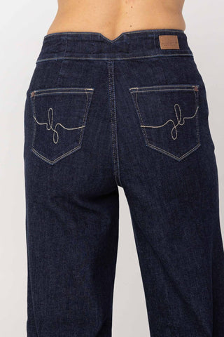 Judy Blue High Waist Rinse Wash Geometric Waistband and Pocket Embroidery Wide Leg Denim Jeans 88579