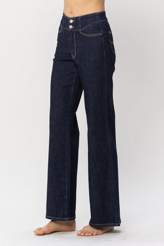 Judy Blue High Waist Rinse Wash Geometric Waistband and Pocket Embroidery Wide Leg Denim Jeans 88579