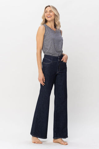Judy Blue High Waist Rinse Wash Geometric Waistband and Pocket Embroidery Wide Leg Denim Jeans 88579