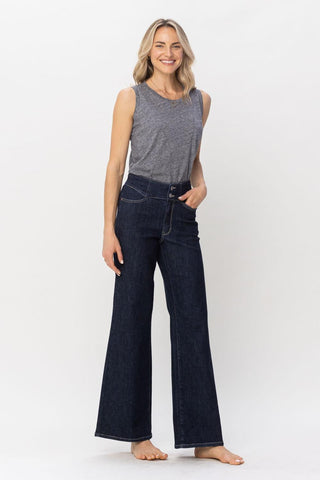 Judy Blue High Waist Rinse Wash Geometric Waistband and Pocket Embroidery Wide Leg Denim Jeans 88579