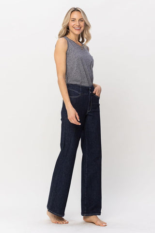 Judy Blue High Waist Rinse Wash Geometric Waistband and Pocket Embroidery Wide Leg Denim Jeans 88579