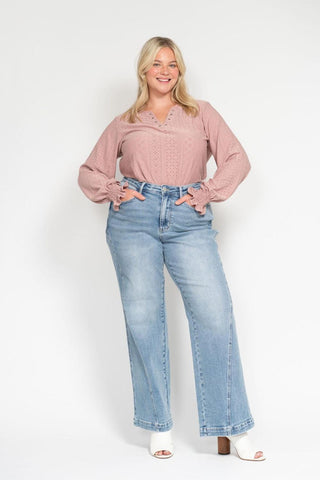 Judy Blue High Waist Side Seam Insert Detail Retro Wide Leg Denim Jeans 88766