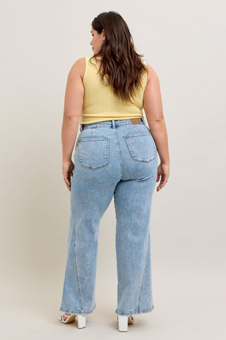 Judy Blue High Waist Stone Wash Retro Skewed Hem Wide Leg Denim Jeans 82654