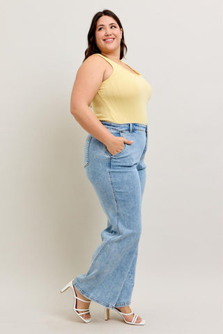 Judy Blue High Waist Stone Wash Retro Skewed Hem Wide Leg Denim Jeans 82654