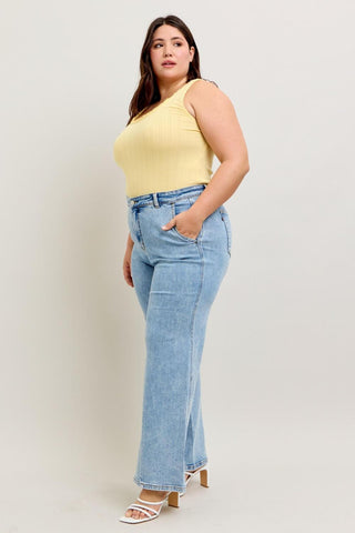 Judy Blue High Waist Stone Wash Retro Skewed Hem Wide Leg Denim Jeans 82654