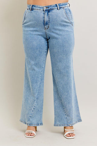 Judy Blue High Waist Stone Wash Retro Skewed Hem Wide Leg Denim Jeans 82654
