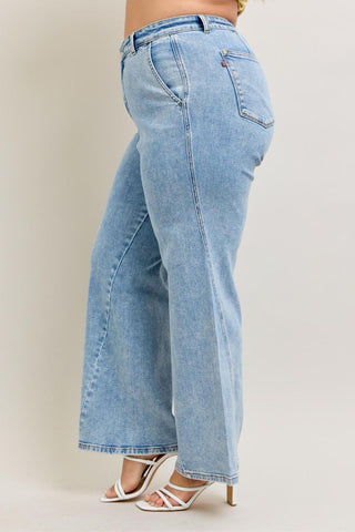 Judy Blue High Waist Stone Wash Retro Skewed Hem Wide Leg Denim Jeans 82654