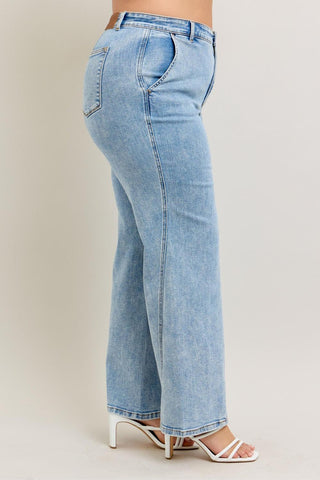 Judy Blue High Waist Stone Wash Retro Skewed Hem Wide Leg Denim Jeans 82654