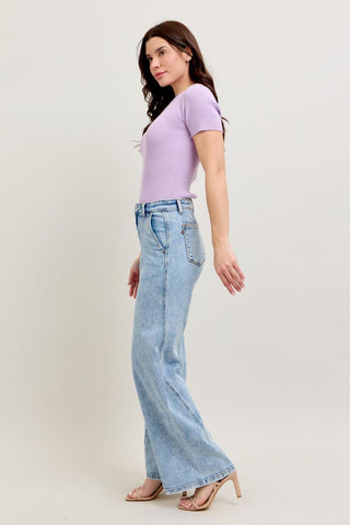 Judy Blue High Waist Stone Wash Retro Skewed Hem Wide Leg Denim Jeans 82654