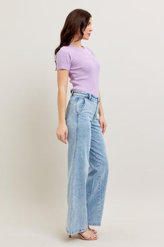 Judy Blue High Waist Stone Wash Retro Skewed Hem Wide Leg Denim Jeans 82654