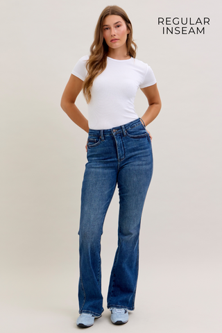 Judy Blue High Waist Tummy Control Back Pocket Embroidery Bootcut Denim Jeans 881062 - Inseam Options