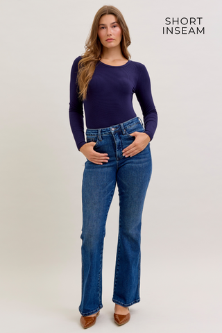 Judy Blue High Waist Tummy Control Back Pocket Embroidery Bootcut Denim Jeans 881062 - Inseam Options
