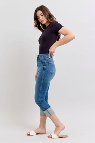 Judy Blue High Waist Tummy Control Back Shield Pockets & Cuff Capri Denim Jeans 78114