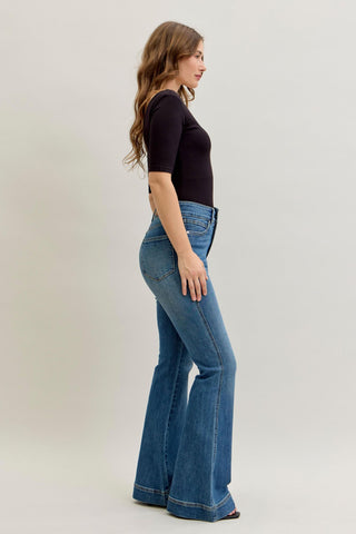Judy Blue High Waist Tummy Control Double Button Flare Denim Jeans 881018