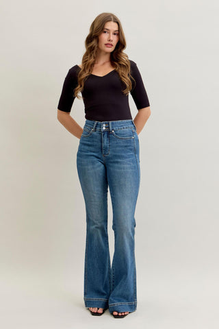 Judy Blue High Waist Tummy Control Double Button Flare Denim Jeans 881018