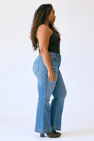 Judy Blue High Waist Tummy Control Double Button Flare Denim Jeans 881018 - Petite