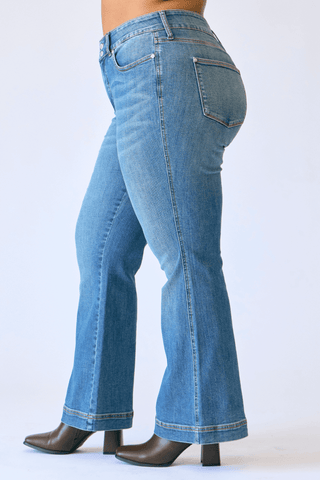 Judy Blue High Waist Tummy Control Double Button Flare Denim Jeans 881018 - Petite