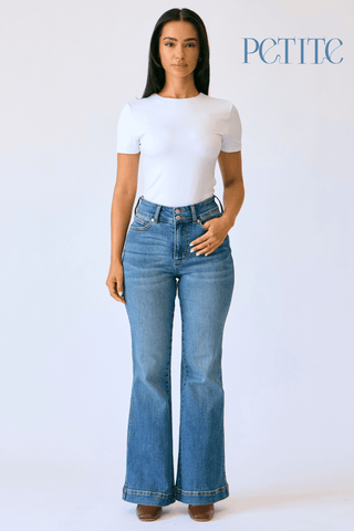 Judy Blue High Waist Tummy Control Double Button Flare Denim Jeans 881018 - Petite