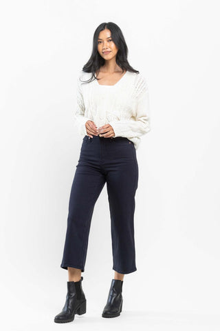 Judy Blue High Waist Tummy Control Garment Dyed Wide Leg Crop Navy Denim Jeans 88807
