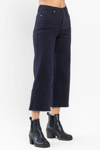 Judy Blue High Waist Tummy Control Garment Dyed Wide Leg Crop Navy Denim Jeans 88807