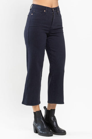 Judy Blue High Waist Tummy Control Garment Dyed Wide Leg Crop Navy Denim Jeans 88807