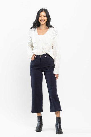Judy Blue High Waist Tummy Control Garment Dyed Wide Leg Crop Navy Denim Jeans 88807