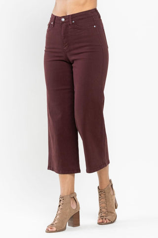 Judy Blue High Waist Tummy Control Garment Dyed Wide Leg Crop Oxblood Denim Jeans 88752