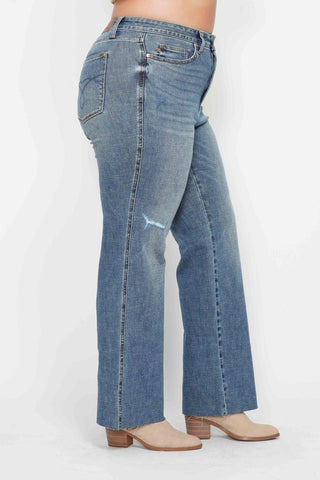 Judy Blue High Waist "Tummy Control" Raw Hem Straight Denim Jeans 88848