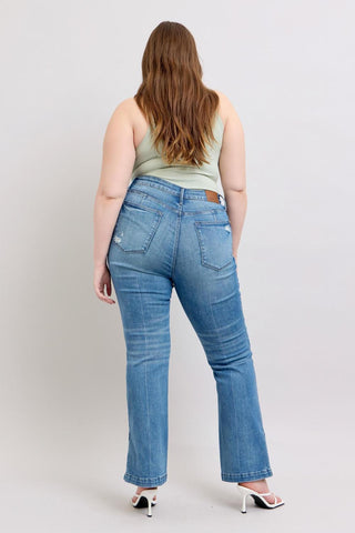Judy Blue High Waist Tummy Control Vintage Wash Side Slit Slim Bootcut Denim Jeans 88930