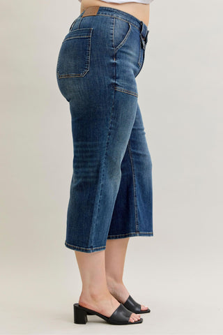 Judy Blue High Waist Utility & Patch Pocket Crop Wide Leg Denim Jeans 881007