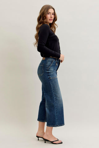 Judy Blue High Waist Utility & Patch Pocket Crop Wide Leg Denim Jeans 881007