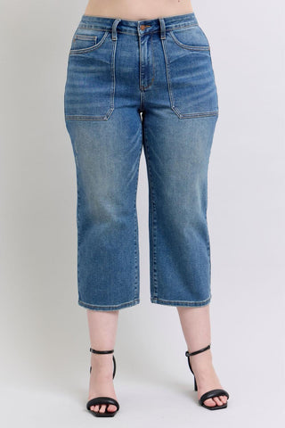 Judy Blue High Waist Utility Pockets Crop Wide Leg Denim Jeans 88904